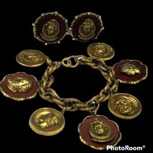 Vintage Signed ART Elizabethan Charm Bracelet Earring Set